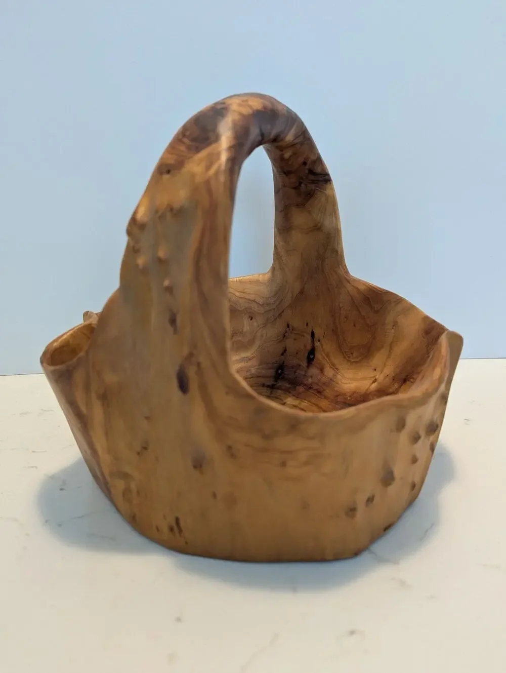 Vtg MCM Hand Carved Burl Wood Basket Handle Signed 10